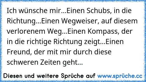 Ich wünsche mir...
Einen Schubs, in die Richtung...
Einen Wegweiser, auf diesem verlorenem Weg...
Einen Kompass, der in die richtige Richtung zeigt...
Einen Freund, der mit mir durch diese schweren Zeiten geht...