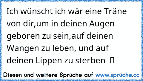 Ich wünscht ich wär eine Träne von dir,um in deinen Augen geboren zu sein,auf deinen Wangen zu leben, und auf deinen Lippen zu sterben ♥ ツ