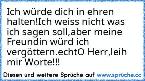 Ich würde dich in ehren halten!
Ich weiss nicht was ich sagen soll,aber meine Freundin würd ich vergöttern.echt
O Herr,leih mir Worte!!!