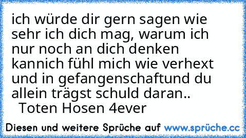 ich würde dir gern sagen wie sehr ich dich mag, warum ich nur noch an dich denken kann
ich fühl mich wie verhext und in gefangenschaft
und du allein trägst schuld daran..
              Toten Hosen 4ever ♥