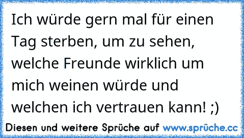 Ich würde gern mal für einen Tag sterben, um zu sehen, welche Freunde wirklich um mich weinen würde und welchen ich vertrauen kann! ;)