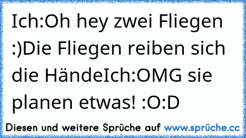 Ich:Oh hey zwei Fliegen :)
Die Fliegen reiben sich die Hände
Ich:OMG sie planen etwas! :O
:D