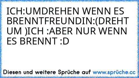 ICH:UMDREHEN WENN ES BRENNT
FREUNDIN:(DREHT UM )
ICH :ABER NUR WENN ES BRENNT :D