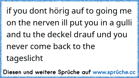 if you don´t hörig auf to going me on the nerven i´ll put you in a gulli and tu the deckel drauf und you never come back to the tageslicht