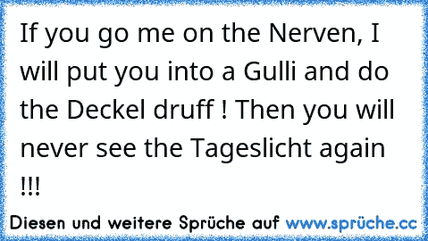 If you go me on the Nerven, I will put you into a Gulli and do the Deckel druff ! Then you will never see the Tageslicht again !!!