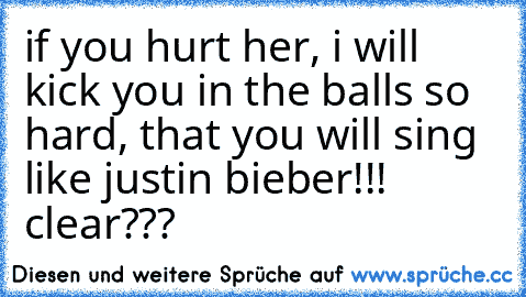 if you hurt her, i will kick you in the balls so hard, that you will sing like justin bieber!!! clear???