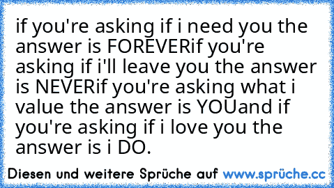 if you're asking if i need you the answer is FOREVER
if you're asking if i'll leave you the answer is NEVER
if you're asking what i value the answer is YOU
and if you're asking if i love you the answer is i DO.
♥