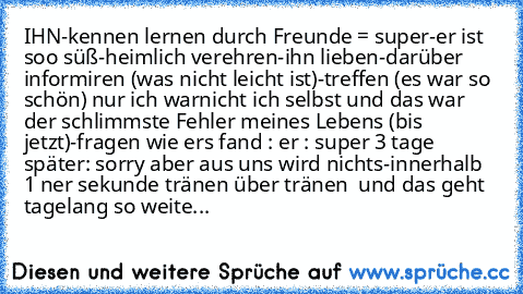 IHN
-kennen lernen durch Freunde = super-er ist soo süß
-heimlich verehren
-ihn lieben
-darüber informiren (was nicht leicht ist)
-treffen (es war so schön) nur ich warnicht ich selbst und das war der schlimmste Fehler meines Lebens (bis jetzt)
-fragen wie ers fand : er : super 3 tage später: sorry aber aus uns wird nichts
-innerhalb 1 ner sekunde tränen über tränen  und das geht tagelang so weite...