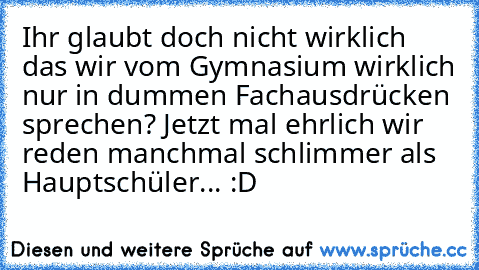 Ihr glaubt doch nicht wirklich das wir vom Gymnasium wirklich nur in dummen Fachausdrücken sprechen? Jetzt mal ehrlich wir reden manchmal schlimmer als Hauptschüler... :D