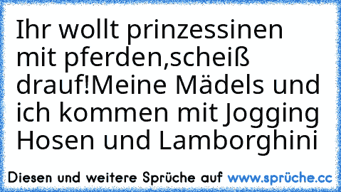 Ihr wollt prinzessinen mit pferden,scheiß drauf!
Meine Mädels und ich kommen mit Jogging Hosen und Lamborghini