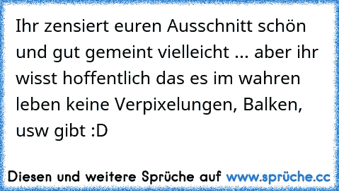 Ihr zensiert euren Ausschnitt schön und gut gemeint vielleicht ... aber ihr wisst hoffentlich das es im wahren leben keine Verpixelungen, Balken, usw gibt :D