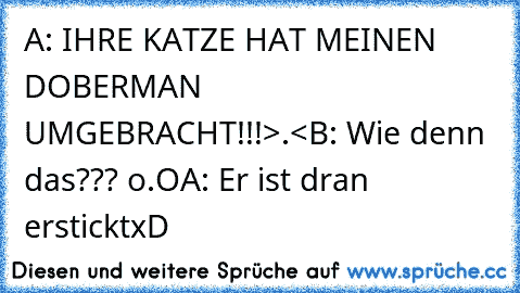 A: IHRE KATZE HAT MEINEN DOBERMAN UMGEBRACHT!!!
>.<
B: Wie denn das??? o.O
A: Er ist dran erstickt
xD