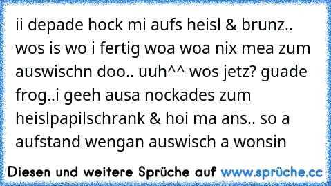 ii depade hock mi aufs heisl & brunz.. wos is wo i fertig woa woa nix mea zum auswischn doo.. uuh^^ wos jetz? guade frog..
i geeh ausa nockades zum heislpapilschrank & hoi ma ans.. so a aufstand wengan auswisch a wonsin