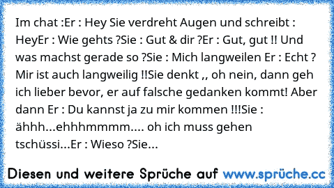 Im chat :
Er : Hey 
Sie verdreht Augen und schreibt : Hey
Er : Wie gehts ?
Sie : Gut & dir ?
Er : Gut, gut !! Und was machst gerade so ?
Sie : Mich langweilen 
Er : Echt ? Mir ist auch langweilig !!
Sie denkt ,, oh nein, dann geh ich lieber bevor, er auf falsche gedanken kommt!´´ Aber dann 
Er : Du kannst ja zu mir kommen !!!
Sie : ähhh...ehhhmmmm.... oh ich muss gehen tschüssi...
Er : Wieso ?
Sie...