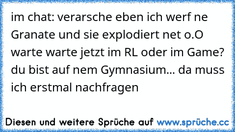 im chat:
 verarsche eben
 ich werf ne Granate
 und sie explodiert net o.O
 warte warte
 jetzt im RL oder im Game?
 du bist auf nem Gymnasium... da muss ich erstmal nachfragen