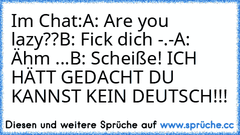 Im Chat:
A: Are you lazy??
B: Fick dich -.-
A: Ähm ...
B: Scheiße! ICH HÄTT GEDACHT DU KANNST KEIN DEUTSCH!!!