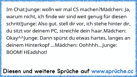 Im Chat:
Junge: wolln wir mal CS machen?
Mädchen: Ja, warum nicht, ich finde wir sind weit genug für diesen schritt!
Junge: Also gut. stell dir vor, ich stehe hinter dir, du sitzt vor deinem PC, streichle dein haar.
Mädchen: Okay^^
Junge: Dann spürst du etwas hartes, langes an deinem Hinterkopf ...
Mädchen: Oohhhh...
Junge: BOOM! HEadshot!