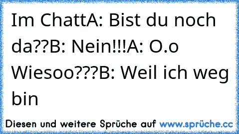 Im Chatt
A: Bist du noch da??
B: Nein!!!
A: O.o Wiesoo???
B: Weil ich weg bin