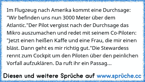 Im Flugzeug nach Amerika kommt eine Durchsage: "Wir befinden uns nun 3000 Meter über dem Atlantic."
Der Pilot vergisst nach der Durchsage das Mikro auszumachen und redet mit seinem Co-Piloten: "Jetzt einen heißen Kaffe und eine Frau, die mir einen bläst. Dann geht es mir richtig gut."
Die Stewardess rennt zum Cockpit um den Piloten über den peinlichen Vorfall aufzuklären. Da ruft ihr ein Passag...