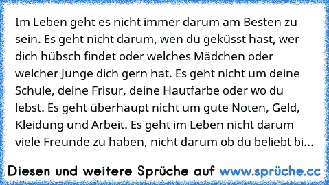 Im Leben geht es nicht immer darum am Besten zu sein. Es geht nicht darum, wen du geküsst hast, wer dich hübsch findet oder welches Mädchen oder welcher Junge dich gern hat. Es geht nicht um deine Schule, deine Frisur, deine Hautfarbe oder wo du lebst. Es geht überhaupt nicht um gute Noten, Geld, Kleidung und Arbeit. Es geht im Leben nicht darum viele Freunde zu haben, nicht darum ob du beliebt...