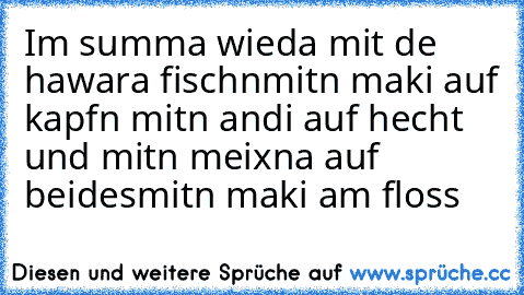 Im summa wieda mit de hawara fischn
mitn maki auf kapfn mitn andi auf hecht und mitn meixna auf beides
mitn maki am floss