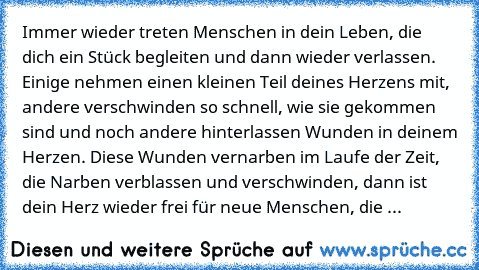 Immer wieder treten Menschen in dein Leben, die dich ein Stück begleiten und dann wieder verlassen. Einige nehmen einen kleinen Teil deines Herzens mit, andere verschwinden so schnell, wie sie gekommen sind und noch andere hinterlassen Wunden in deinem Herzen. Diese Wunden vernarben im Laufe der Zeit, die Narben verblassen und verschwinden, dann ist dein Herz wieder frei für neue Menschen, die ...