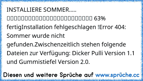 INSTALLIERE SOMMER..... █████████████████░░░░░░░ 63% fertig
Installation fehlgeschlagen !
Error 404: Sommer wurde nicht gefunden.
Zwischenzeitlich stehen folgende Dateien zur Verfügung: Dicker Pulli Version 1.1 und Gummistiefel Version 2.0.