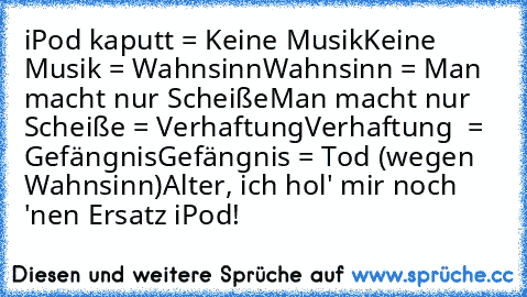 iPod kaputt = Keine Musik
Keine Musik = Wahnsinn
Wahnsinn = Man macht nur Scheiße
Man macht nur Scheiße = Verhaftung
Verhaftung  = Gefängnis
Gefängnis = Tod (wegen Wahnsinn)
Alter, ich hol' mir noch 'nen Ersatz iPod!