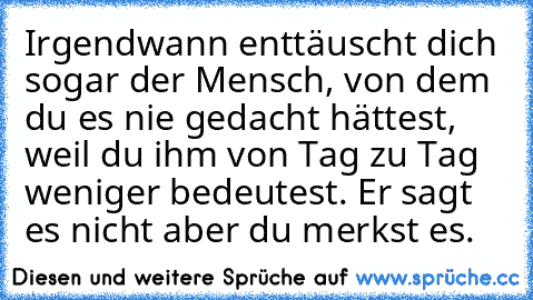 Irgendwann enttäuscht dich sogar der Mensch, von dem du es nie gedacht hättest, weil du ihm von Tag zu Tag weniger bedeutest. Er sagt es nicht aber du merkst es. 