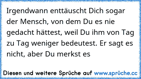 Irgendwann enttäuscht Dich sogar der Mensch, von dem Du es nie gedacht hättest, weil Du ihm von Tag zu Tag weniger bedeutest. Er sagt es nicht, aber Du merkst es