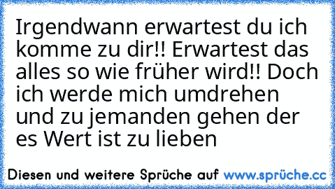 Irgendwann erwartest du ich komme zu dir!! Erwartest das alles so wie früher wird!! Doch ich werde mich umdrehen und zu jemanden gehen der es Wert ist zu lieben ♥ ♥ ♥