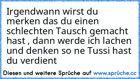 Irgendwann wirst du merken das du einen schlechten Tausch gemacht hast , dann werde ich lachen und denken so ne Tussi hast du verdient