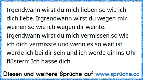 Irgendwann wirst du mich lieben so wie ich dich liebe. Irgrendwann wirst du wegen mir weinen so wie ich wegen dir weinte. Irgendwann wirst du mich vermissen so wie ich dich vermisste und wenn es so weit ist werde ich bei dir sein und ich werde dir ins Ohr flüstern: Ich hasse dich. ♥