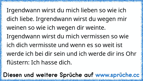 Irgendwann wirst du mich lieben so wie ich dich liebe. Irgrendwann wirst du wegen mir weinen so wie ich wegen dir weinte. Irgendwann wirst du mich vermissen so wie ich dich vermisste und wenn es so weit ist werde ich bei dir sein und ich werde dir ins Ohr flüstern: Ich hasse dich.