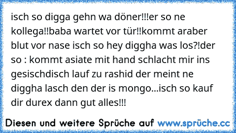 isch so digga gehn wa döner!!!
er so ne kollega!!baba wartet vor tür!!
kommt araber blut vor nase isch so hey diggha was los?!
der so : kommt asiate mit hand schlacht mir ins gesischd
isch lauf zu rashid der meint ne diggha lasch den der is mongo...
isch so kauf dir durex dann gut alles!!!