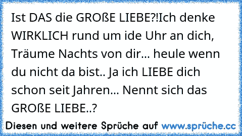 Ist DAS die GROßE LIEBE?!
Ich denke WIRKLICH rund um ide Uhr an dich, Träume Nachts von dir... heule wenn du nicht da bist.. Ja ich LIEBE dich schon seit Jahren... Nennt sich das GROßE LIEBE..?