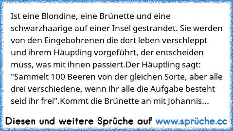 Ist eine Blondine, eine Brünette und eine schwarzhaarige auf einer Insel gestrandet. Sie werden von den Eingebohrenen die dort leben verschleppt und ihrem Häuptling vorgeführt, der entscheiden muss, was mit ihnen passiert.
Der Häuptling sagt: "Sammelt 100 Beeren von der gleichen Sorte, aber alle drei verschiedene, wenn ihr alle die Aufgabe besteht seid ihr frei".
Kommt die Brünette an mit Johan...