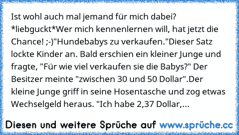 Ist wohl auch mal jemand für mich dabei? *liebguckt*
Wer mich kennenlernen will, hat jetzt die Chance! ;-)
"Hundebabys zu verkaufen."
Dieser Satz lockte Kinder an. Bald erschien ein kleiner Junge und fragte, "Für wie viel verkaufen sie die Babys?" Der Besitzer meinte "zwischen 30 und 50 Dollar".
Der kleine Junge griff in seine Hosentasche und zog etwas Wechselgeld heraus. "Ich habe 2,37 Dollar, ka...