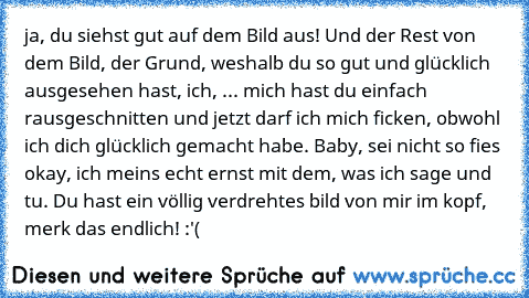 ja, du siehst gut auf dem Bild aus! Und der Rest von dem Bild, der Grund, weshalb du so gut und glücklich ausgesehen hast, ich, ... mich hast du einfach rausgeschnitten und jetzt darf ich mich ficken, obwohl ich dich glücklich gemacht habe. Baby, sei nicht so fies okay, ich meins echt ernst mit dem, was ich sage und tu. Du hast ein völlig verdrehtes bild von mir im kopf, merk das endlich! :'(