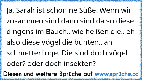 Ja, Sarah ist schon ne Süße. Wenn wir zusammen sind dann sind da so diese dingens im Bauch.. wie heißen die.. eh also diese vögel die bunten.. ah schmetterlinge. Die sind doch vögel oder? oder doch insekten?