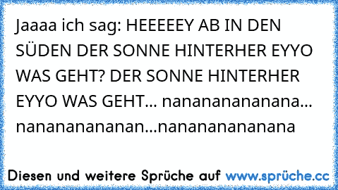 Jaaaa ich sag: HEEEEEY AB IN DEN SÜDEN DER SONNE HINTERHER EYYO WAS GEHT? DER SONNE HINTERHER EYYO WAS GEHT... nanananananana... nanananananan...nanananananana 