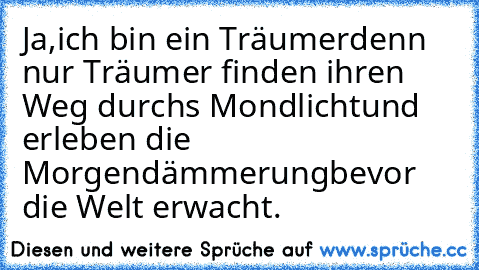 Ja,ich bin ein Träumer…
denn nur Träumer finden ihren Weg durchs Mondlicht
und erleben die Morgendämmerung
bevor die Welt erwacht.