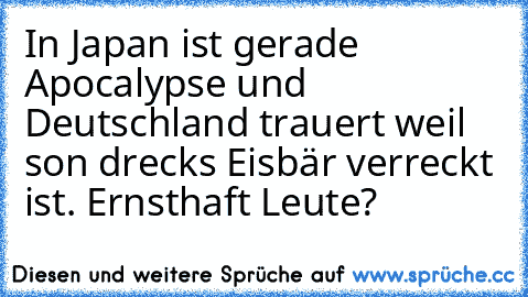 In Japan ist gerade Apocalypse und Deutschland trauert weil son drecks Eisbär verreckt ist. Ernsthaft Leute?