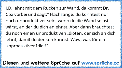 J.D. lehnt mit dem Rücken zur Wand, da kommt Dr. Cox vorbei und sagt:" Flachzange, du könntest nur noch unproduktiver sein, wenn du die Wand selbst wärst, an der du dich anlehnst. Aber dann bräuchtest du noch einen unproduktiven Idioten, der sich an dich lehnt, damit du denken kannst: Wow, was für ein unproduktiver Idiot!"