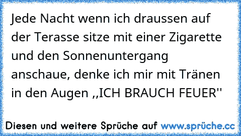 Jede Nacht wenn ich draussen auf der Terasse sitze mit einer Zigarette und den Sonnenuntergang anschaue, denke ich mir mit Tränen in den Augen ,,ICH BRAUCH FEUER''