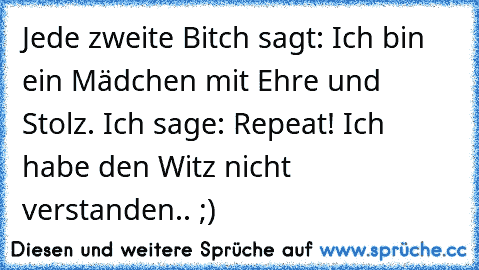 Jede zweite Bitch sagt: Ich bin ein Mädchen mit Ehre und Stolz. Ich sage: Repeat! Ich habe den Witz nicht verstanden.. ;)