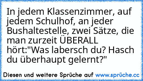 In jedem Klassenzimmer, auf jedem Schulhof, an jeder Bushaltestelle, zwei Sätze, die man zurzeit ÜBERALL hört:
"Was labersch du? Hasch du überhaupt gelernt?"