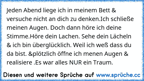 Jeden Abend liege ich in meinem Bett & versuche nicht an dich zu denken.Ich schließe meinen Augen. Doch dann höre ich deine Stimme.Höre dein Lachen. Sehe dein Lächeln & ich bin überglücklich. Weil ich weß dass du da bist. &plötzlich öffne ich menen Augen & realisiere .Es war alles NUR ein Traum. ♥