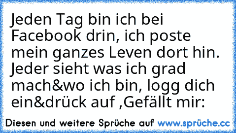 Jeden Tag bin ich bei Facebook drin, ich poste mein ganzes Leven dort hin. Jeder sieht was ich grad mach&wo ich bin, logg dich ein&drück auf ,Gefällt mir:´