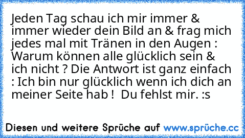 Jeden Tag schau ich mir immer & immer wieder dein Bild an & frag mich jedes mal mit Tränen in den Augen : Warum können alle glücklich sein & ich nicht ? Die Antwort ist ganz einfach : Ich bin nur glücklich wenn ich dich an meiner Seite hab ! ♥ Du fehlst mir. :s ♥